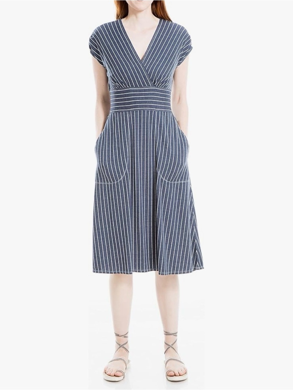 Navy and White Pinstripe A-line Midi Dress with Pockets Nautical Coastal Grandma